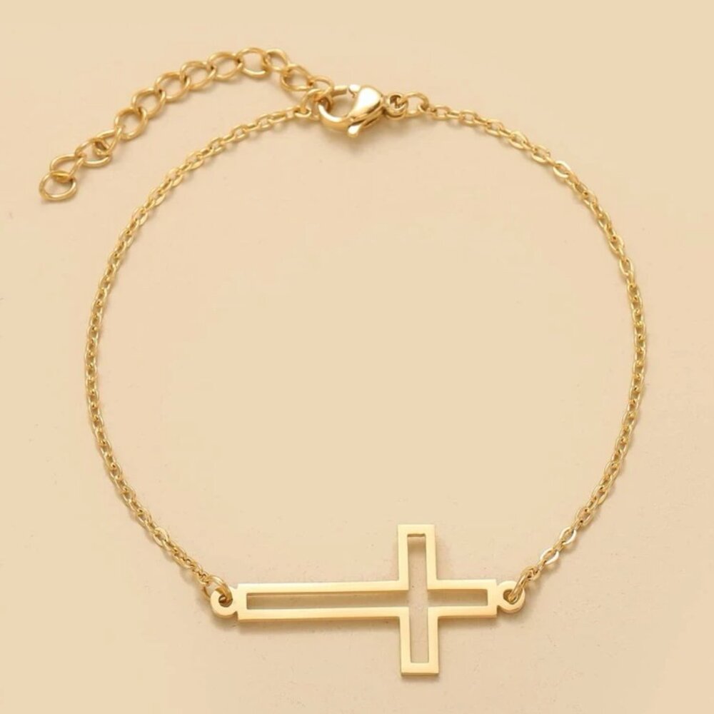 Stainless Steel Gold Cross Outline Chain Bracelet Women Girls Men NWT
